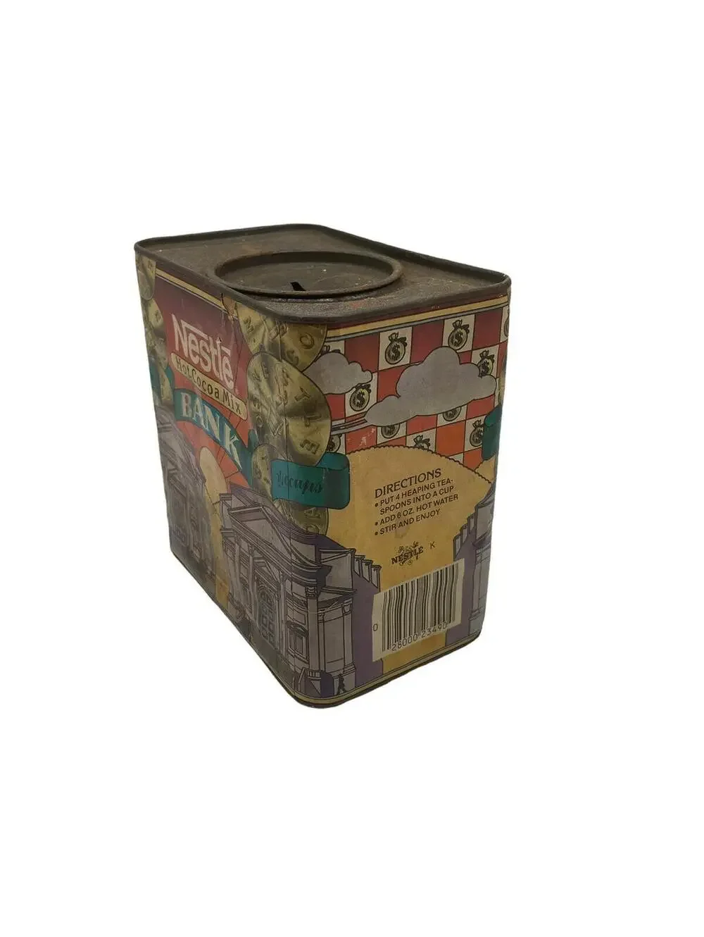 Vintage 1980s Nestle Hot Cocoa Tin Bank: Rustic Farmhouse Decor
